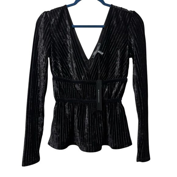 BCBG Max Azria Velvet Peplum Top Black Sleeveless V-Neck Blouse Size XXS NWT - Picture 2 of 6